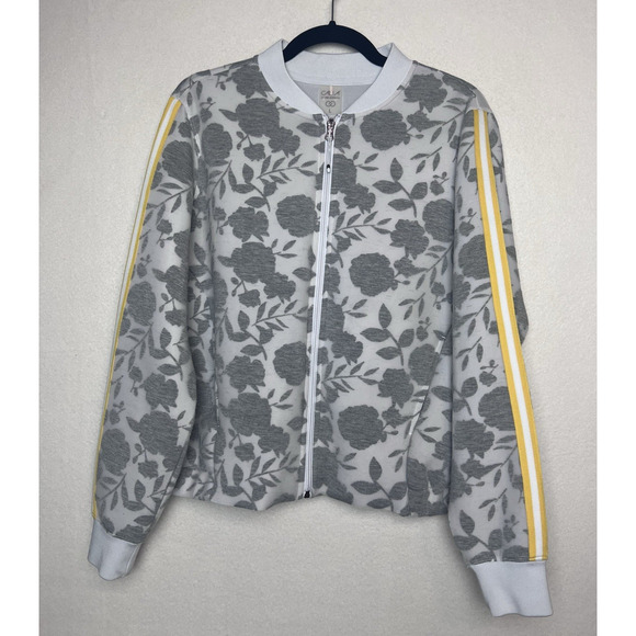 Calia by Carrie Underwood Floral Gray Bomber Jacket Yellow Stripe Size Large - Picture 1 of 7